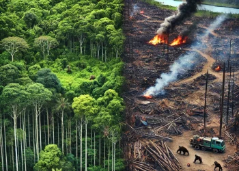 DALL·E 2024 12 20 23.08.23 A visually striking image of a dense tropical rainforest being impacted by human activities with one side showing lush green forest and the other sid