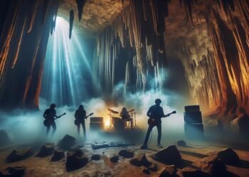 Gambaran Konser shoegaze dengan cahaya lembut dan asap panggung, menciptakan atmosfer dreamy