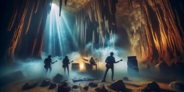 Gambaran Konser shoegaze dengan cahaya lembut dan asap panggung, menciptakan atmosfer dreamy