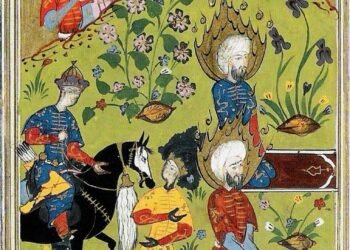 Ilustrasi Nabi Musa dan Khidir sedang berbicara di tengah hutan.