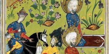 Ilustrasi Nabi Musa dan Khidir sedang berbicara di tengah hutan.