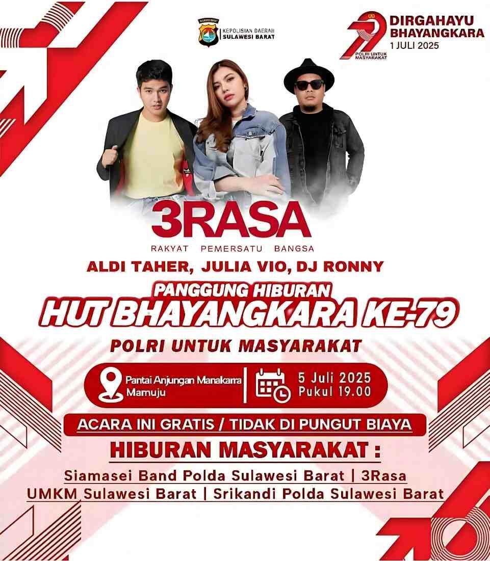 Aldi Taher, Julia Vio, dan DJ Ronny dalam Grup 3Rasa Siap Meriahkan HUT Bhayangkara ke-79. (Dok. Istimewa)