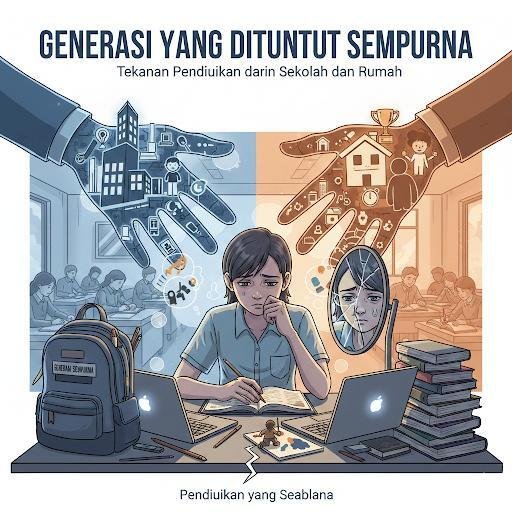 Di era sekarang yang serba digital dan modern, tuntutan terhadap anak semakin tinggi dan sering menjadi tekanan bagi orang tua maupun anak sekolah. Karena setiap anak menjadi harapan orang tua untuk tumbuh menjadi pribadi yang berprestasi, cerdas, disiplin dan serba bisa, sehingga bisa dibilang menjadi pribadi yang sempurna. Dan dibalik semangat agar menciptakan generasi yang unggul muncul lah tekanan bagi anak yang disebut “Generasi yang dituntut sempurna” tekanan ini yang bisa datang dari sekolah maupun dari rumah dan seringkali anak kehilangan ruang untuk belajar secara sehat dan berkembang secara alami. Tuntutan orang tua terhadap anak yang keinginannya untuk melihat anaknya menjadi lebih baik dari orang tuanya, namun keinginan tersebut menjadi berlebihan sehingga menjadi tekanan bagi anak. 1. Standar Prestasi yang Semakin Tinggi Kini sekolah mengharapkan para siswa untuk menguasi materi pelajaran, akan tetapi siswa juga aktif dalam kegiatan yang ada disekolah seperti lomba, ekstrakulikuler, dan lain sebagainya dan kini persaingan antarsiswa semakin kuat, bahkan dari usia anak masih dini. Nilai yang sempurna menjadi tolak ukur utama untuk anak menuju kesuksesan, sehingga anak tersebut akan merasa takut gagal dan menjadi terbebani yang harapan tersebut diluar kemampuan anak. 2. Tuntutan Orang Tua di Rumah Kebanyakan orang tua yang menginginkan anaknya untuk menjadi pribadi yang lebih baik dari generasi sebelumnya. Dan ketika harapan orang tua diiringi dengan tekanan yang berlebihan seperti halnya, sering membandingkan dengan anak lain yang prestasinya lebih dari anaknya, menekan agar nilai anak tinggi setiap saat, atau sebagian orang tua mengisi waktu anak dengan berbagai les tanpa jeda sehingga membuat anak tersebut tidak ada waktu untuk bermain dan anak tersebut akan merasa bahwa cinta orang tuanya dan dukungan hanya datang ketika anak mendapatkan prestasi yang diinginkan orang tua atau kasih sayang yang bergantung pada pencapain prestasi anak. 3. Dampak Psikologis pada Anak Tuntutan ini yang muncul bersamaan dari sekolah dan rumah akan menimbulkan dampak yangh serius bagi anak seperti: a. Stres dan tekanan mental Hal ini muncul ketika menjelang ujian atau gagal untuk mencapai target. b. Rasa tidak percaya diri Merasa dirinya yang selalu merasa kurang. c. Hilangnya motivasi belajar Kondisi ketika anak tidak memiliki dorongan atau semangat untuk melakukan kegiatan belajar. Sehingga anak tersebut aktivitas belajar terasa berat dan tidak semangat untuk belajar. 4. Pendidikan yang seimbang bukan sempurna Pendidikan ini harusnya tidak mengarahkan anak untuk menjadi sempurna, akan tetapi mengenalkan diri mereka untuk mengembangkan potensi belajar dari kegagalan yang mereka alami. Dan memberikan anak untuk mencoba dari kesalahan bangkit kembali untuk tumbuh menjadi lebih mandiri dan tangguh. Peran sekolah dan orang tua harus menciptakan suasana belajar yang sehat, mengurangi fokus pada nilai anak agar tidak menekankan anak, memberikan apresiasi terhadap usaha anak, memberikan ruang waktu dan bermain anak dengan seimbang, karena anak memiliki hak untuk bermain dan istirahat, memilih minat mereka dan bakat yang mereka punyai jika tekanan Pendidikan terlalu berat masa anak anak yang harusnya penuh dengan keceriaan akan berubah menjadi persaingan yang beralansung tanpa henti. SARAN Anak tidak perlu dituntut untuk menjadi sempurna, anak perlu didukung setiap apa yang mereka capai dan selalu memberi motivasi. Dan mengurangi tekanan memberikan ruang bagi anak untuk belajar tanpa tekanan yang berlebihan dan bukan hanya membangun generasi yang berprestasi akan tetapi juga generasi yang Bahagia dan lebih percaya diri.