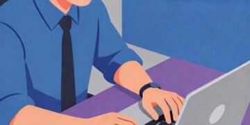 Pria bekerja dengan laptop di kantor 1