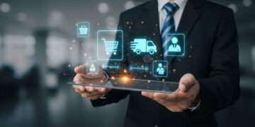 digital transformation e commerce business online shopping delivery service concept success businessman holding 383244467