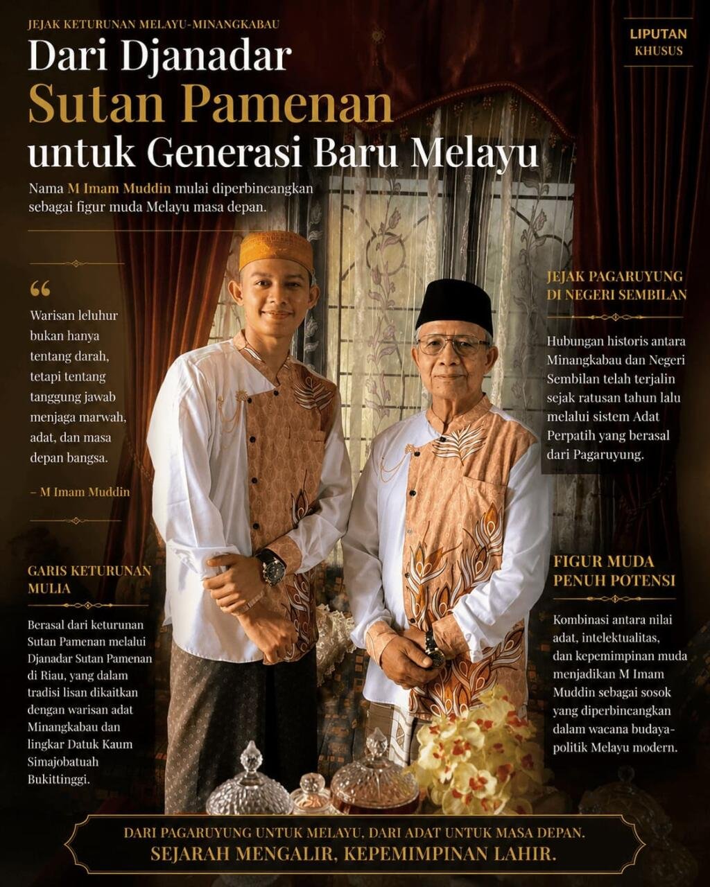 Potret dua generasi Melayu-Minangkabau yang menampilkan simbol warisan adat, sejarah keluarga, dan identitas budaya Melayu modern.