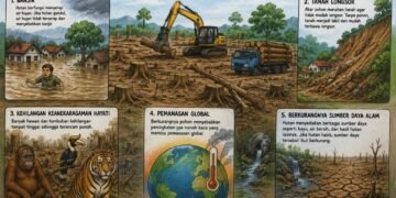 Dampak Penggundulan Hutan terhadap Lingkungan dan Kehidupan Manusia Pendahuluan Hutan merupakan salah satu sumber daya alam yang sangat penting bagi kehidupan di bumi. Hutan berfungsi sebagai paru-paru dunia karena menghasilkan oksigen, menyerap karbon dioksida, menjaga keseimbangan ekosistem, serta menjadi habitat bagi berbagai jenis flora dan fauna. Namun, aktivitas penggundulan hutan yang terus meningkat telah menimbulkan berbagai dampak negatif bagi lingkungan dan kehidupan manusia. Penyebab Penggundulan Hutan Penggundulan hutan terjadi karena berbagai faktor, di antaranya: Penebangan liar untuk memperoleh kayu. Pembukaan lahan untuk pertanian, perkebunan, dan peternakan. Pembangunan permukiman, jalan, dan kawasan industri. Kebakaran hutan yang disengaja maupun akibat faktor alam. Kegiatan pertambangan yang mengubah fungsi kawasan hutan. Dampak Penggundulan Hutan 1. Hilangnya Keanekaragaman Hayati Penggundulan hutan menyebabkan rusaknya habitat berbagai jenis tumbuhan dan satwa liar. Akibatnya, banyak spesies kehilangan tempat hidupnya bahkan terancam punah. 2. Perubahan Iklim Hutan berperan menyerap karbon dioksida dari atmosfer. Ketika hutan ditebang, kemampuan bumi menyerap gas rumah kaca berkurang sehingga mempercepat pemanasan global dan perubahan iklim. 3. Banjir dan Tanah Longsor Akar pohon membantu menyerap air hujan dan menjaga kestabilan tanah. Tanpa pepohonan, air hujan mengalir langsung ke permukaan sehingga meningkatkan risiko banjir dan tanah longsor. 4. Berkurangnya Ketersediaan Air Hutan berfungsi sebagai daerah resapan air. Penggundulan hutan menyebabkan cadangan air tanah menurun sehingga masyarakat lebih rentan mengalami kekeringan, terutama pada musim kemarau. 5. Menurunnya Kualitas Udara Berkurangnya jumlah pohon menyebabkan produksi oksigen menurun dan kadar karbon dioksida meningkat. Hal ini dapat memperburuk kualitas udara dan berdampak pada kesehatan manusia. 6. Kerugian Sosial dan Ekonomi Masyarakat yang menggantungkan hidupnya pada hasil hutan dapat kehilangan mata pencaharian. Selain itu, bencana alam akibat penggundulan hutan juga menimbulkan kerugian ekonomi yang besar. Upaya Mengatasi Penggundulan Hutan Beberapa langkah yang dapat dilakukan untuk mengurangi penggundulan hutan antara lain: Melakukan reboisasi atau penanaman kembali pohon di lahan yang gundul. Menegakkan hukum terhadap praktik penebangan liar. Menerapkan pengelolaan hutan secara berkelanjutan. Meningkatkan kesadaran masyarakat tentang pentingnya menjaga kelestarian hutan. Mengurangi penggunaan produk yang berasal dari penebangan hutan yang tidak bertanggung jawab. Penutup Penggundulan hutan merupakan masalah lingkungan yang berdampak luas terhadap keseimbangan alam dan kehidupan manusia. Dampaknya meliputi hilangnya keanekaragaman hayati, meningkatnya risiko bencana alam, perubahan iklim, hingga menurunnya kualitas hidup masyarakat. Oleh karena itu, diperlukan kerja sama antara pemerintah, dunia usaha, dan masyarakat untuk menjaga kelestarian hutan melalui pengelolaan yang bertanggung jawab dan upaya pelestarian lingkungan. Dengan demikian, manfaat hutan dapat terus dirasakan oleh generasi sekarang maupun generasi yang akan datang.
