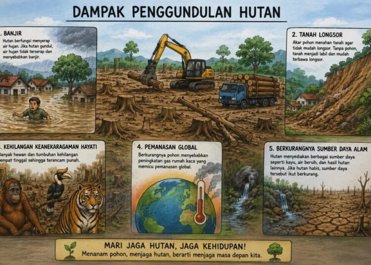 Dampak Penggundulan Hutan terhadap Lingkungan dan Kehidupan Manusia Pendahuluan Hutan merupakan salah satu sumber daya alam yang sangat penting bagi kehidupan di bumi. Hutan berfungsi sebagai paru-paru dunia karena menghasilkan oksigen, menyerap karbon dioksida, menjaga keseimbangan ekosistem, serta menjadi habitat bagi berbagai jenis flora dan fauna. Namun, aktivitas penggundulan hutan yang terus meningkat telah menimbulkan berbagai dampak negatif bagi lingkungan dan kehidupan manusia. Penyebab Penggundulan Hutan Penggundulan hutan terjadi karena berbagai faktor, di antaranya: Penebangan liar untuk memperoleh kayu. Pembukaan lahan untuk pertanian, perkebunan, dan peternakan. Pembangunan permukiman, jalan, dan kawasan industri. Kebakaran hutan yang disengaja maupun akibat faktor alam. Kegiatan pertambangan yang mengubah fungsi kawasan hutan. Dampak Penggundulan Hutan 1. Hilangnya Keanekaragaman Hayati Penggundulan hutan menyebabkan rusaknya habitat berbagai jenis tumbuhan dan satwa liar. Akibatnya, banyak spesies kehilangan tempat hidupnya bahkan terancam punah. 2. Perubahan Iklim Hutan berperan menyerap karbon dioksida dari atmosfer. Ketika hutan ditebang, kemampuan bumi menyerap gas rumah kaca berkurang sehingga mempercepat pemanasan global dan perubahan iklim. 3. Banjir dan Tanah Longsor Akar pohon membantu menyerap air hujan dan menjaga kestabilan tanah. Tanpa pepohonan, air hujan mengalir langsung ke permukaan sehingga meningkatkan risiko banjir dan tanah longsor. 4. Berkurangnya Ketersediaan Air Hutan berfungsi sebagai daerah resapan air. Penggundulan hutan menyebabkan cadangan air tanah menurun sehingga masyarakat lebih rentan mengalami kekeringan, terutama pada musim kemarau. 5. Menurunnya Kualitas Udara Berkurangnya jumlah pohon menyebabkan produksi oksigen menurun dan kadar karbon dioksida meningkat. Hal ini dapat memperburuk kualitas udara dan berdampak pada kesehatan manusia. 6. Kerugian Sosial dan Ekonomi Masyarakat yang menggantungkan hidupnya pada hasil hutan dapat kehilangan mata pencaharian. Selain itu, bencana alam akibat penggundulan hutan juga menimbulkan kerugian ekonomi yang besar. Upaya Mengatasi Penggundulan Hutan Beberapa langkah yang dapat dilakukan untuk mengurangi penggundulan hutan antara lain: Melakukan reboisasi atau penanaman kembali pohon di lahan yang gundul. Menegakkan hukum terhadap praktik penebangan liar. Menerapkan pengelolaan hutan secara berkelanjutan. Meningkatkan kesadaran masyarakat tentang pentingnya menjaga kelestarian hutan. Mengurangi penggunaan produk yang berasal dari penebangan hutan yang tidak bertanggung jawab. Penutup Penggundulan hutan merupakan masalah lingkungan yang berdampak luas terhadap keseimbangan alam dan kehidupan manusia. Dampaknya meliputi hilangnya keanekaragaman hayati, meningkatnya risiko bencana alam, perubahan iklim, hingga menurunnya kualitas hidup masyarakat. Oleh karena itu, diperlukan kerja sama antara pemerintah, dunia usaha, dan masyarakat untuk menjaga kelestarian hutan melalui pengelolaan yang bertanggung jawab dan upaya pelestarian lingkungan. Dengan demikian, manfaat hutan dapat terus dirasakan oleh generasi sekarang maupun generasi yang akan datang.