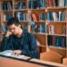 a focused student studying intently amidst the quiet solitude of a library surrounded by shelves of books as they diligently work on an architectural research paper