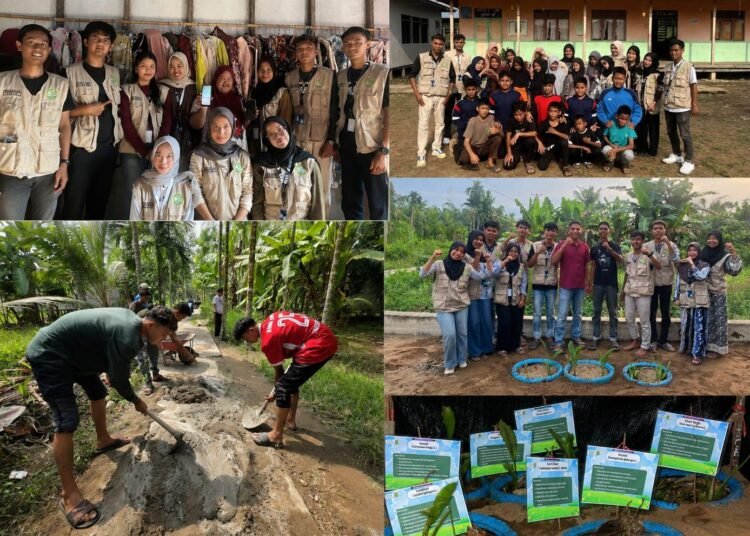 Kekompakan mahasiswa KKN Universitas Riau dan warga Desa Sialang Panjang saat bergotong royong mengolah lahan pekarangan menjadi Taman Tanaman Obat Keluarga (TOGA) yang asri dan kaya manfaat.
