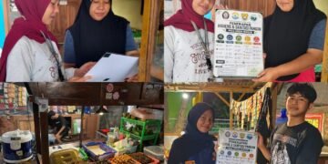 Mahasiswa KKN Universitas Diponegoro memberikan edukasi mengenai penerapan higiene dan sanitasi pangan kepada pelaku UMKM pangan di Desa Kangkung, Kecamatan Kangkung. Edukasi dilakukan melalui penyerahan media informasi yang memuat langkah-langkah menjaga kebersihan dalam proses pengolahan, penyimpanan, hingga penyajian pangan. (Foto: Dok. KKN)