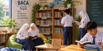 Ilustrasi kegiatan pojok baca, memperlihatkan siswa membaca dan memanfaatkan koleksi buku secara bersama dalam suasana belajar yang nyaman dan harmonis. (Sumber: AI oleh ChatGPT, 2026)