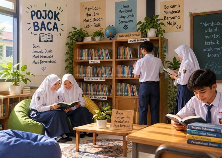 Pojok Baca: Belajar Berbagi dari Sebuah Rak Buku 5 Ilustrasi kegiatan pojok baca, memperlihatkan siswa membaca dan memanfaatkan koleksi buku secara bersama dalam suasana belajar yang nyaman dan harmonis. (Sumber: AI oleh ChatGPT, 2026)