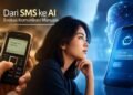 Dari SMS ke AI, Evolusi Komunikasi Manusia 24 Ilustrasi seorang perempuan diantara SMS dan AI dalam dunia digital (Generate AI)