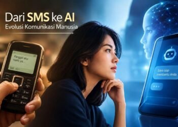 Ilustrasi seorang perempuan diantara SMS dan AI dalam dunia digital (Generate AI)
