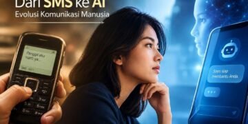 Ilustrasi seorang perempuan diantara SMS dan AI dalam dunia digital (Generate AI)