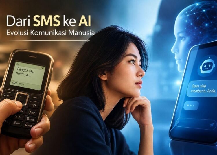 Ilustrasi seorang perempuan diantara SMS dan AI dalam dunia digital (Generate AI)
