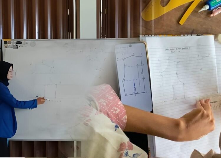 Dari Ukuran Menjadi Pola: Pembelajaran Praktik Pembuatan Pola Dasar Badan Wanita Sistem Praktis I pada Siswa Kelas X Tata Busana SMK Negeri 1 Pandak 5 Demonstrasi Mahasiswa PK UNY dalam kegiatan pembelajaran praktik Pembuatan Pola Dasar Badan Wanita Sistem Praktis I diikuti siswa kelas X Busana 2, SMK Negeri 1 Pandak. (Dok. Rosyida Qutrun Nada)