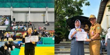 Nabila Ramadhani, pesilat Perisai Diri dari SMAN 1 Gunung Megang, memamerkan medali yang berhasil diraihnya pada Kejuaraan Kapolda Cup II Tingkat Nasional 2026.