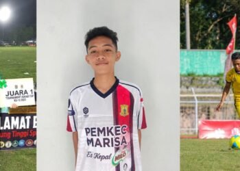 Abdul Rahman Lamahua (Aman), talenta muda asal Katialada, Kwandang, Gorontalo Utara saat menunjukkan aksinya dalam mengolah si kulit bundar di lapangan hijau.