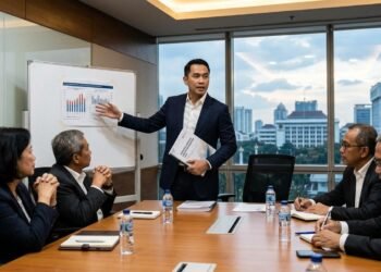 Ilustrasi rapat profesional antara perwakilan dunia usaha dan pemangku kepentingan yang membahas analisis data untuk kebijakan publik.